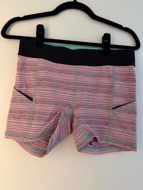 lululemon athletica Pink Striped Workout Shorts with Black Waistband